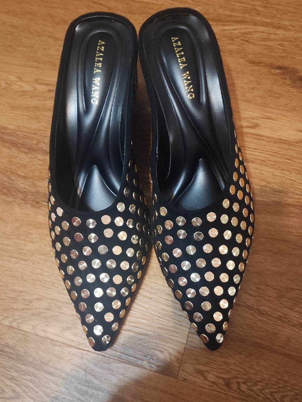 Azalea Wang Black Pointed Slip-On Mules with Gold Stud Detail